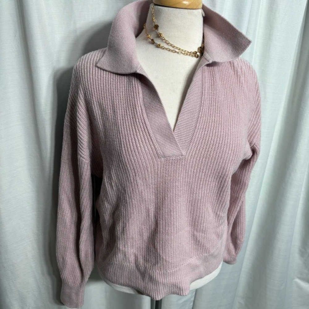 Reitmans Pink Cashmere Blend Ribbed V-Neck Collared Johnny Polo Sweater Size S - Picture 3 of 7
